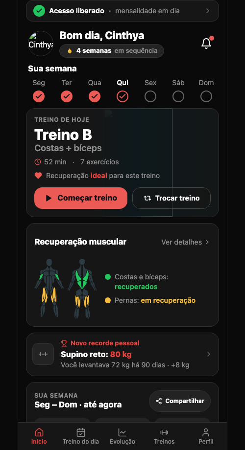Tela do aplicativo do aluno no iTrainer