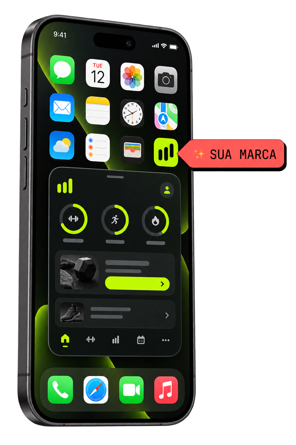 Celular com o aplicativo personalizado e a etiqueta Sua Marca integrados ao mesmo mockup