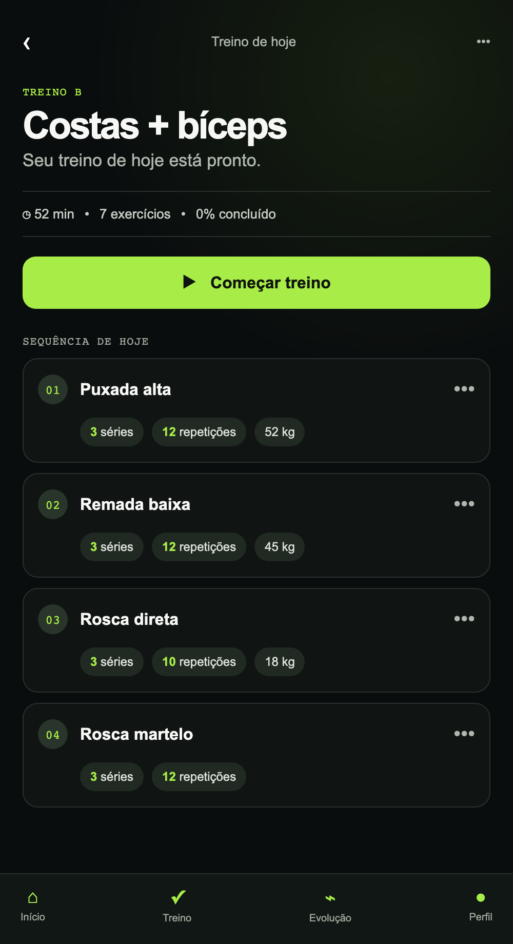 Treino do aluno com exercícios e acesso à evolução no iTrainer