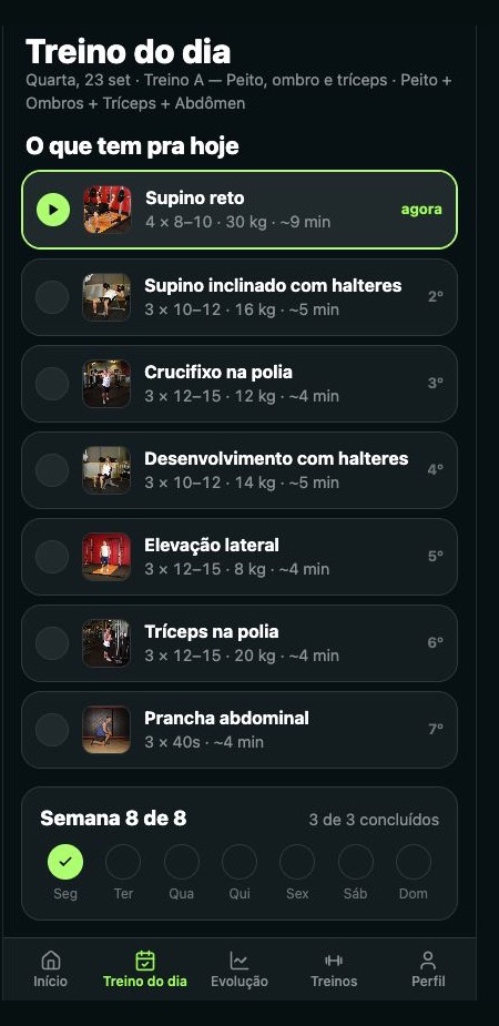 Tela do treino de hoje no aplicativo do aluno